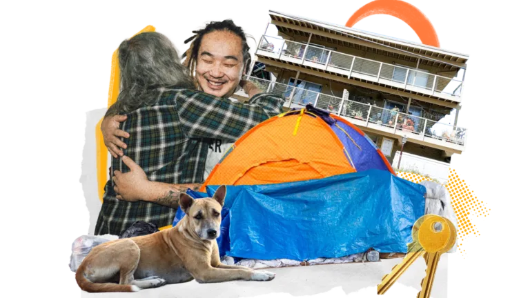 A collage with a tent, dog, cruise ship, and keys on a torn paper background.