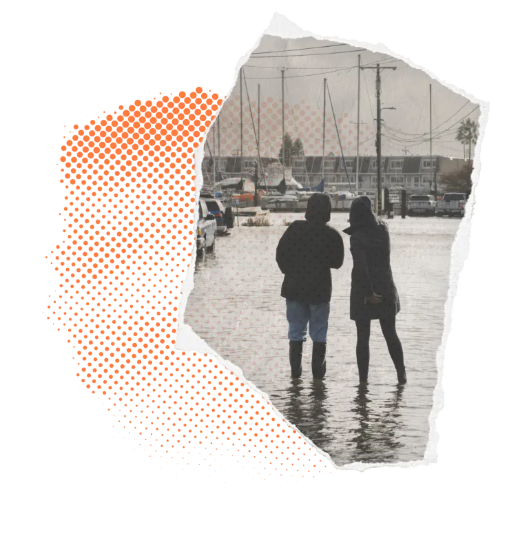 Canal flooding, two Two people standing in ankle deep water on a flooded street in the Canal district; orange half-tone background