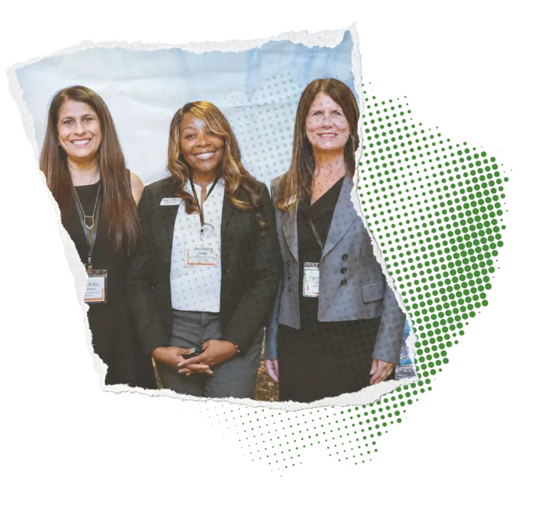 Three professionals in business attire with name tags, on a torn paper background with a halftone pattern.