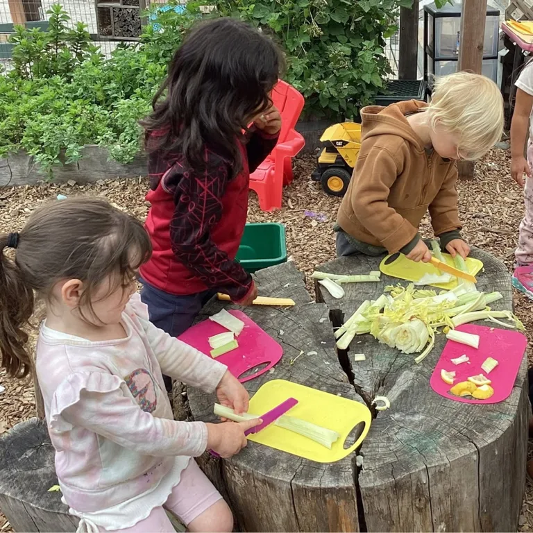 A group of children work on preparing vegetables together on top of a tree stump.