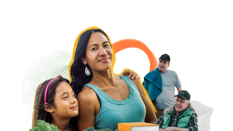 A collage of individuals with various items including vegetables, books, and a basketball.