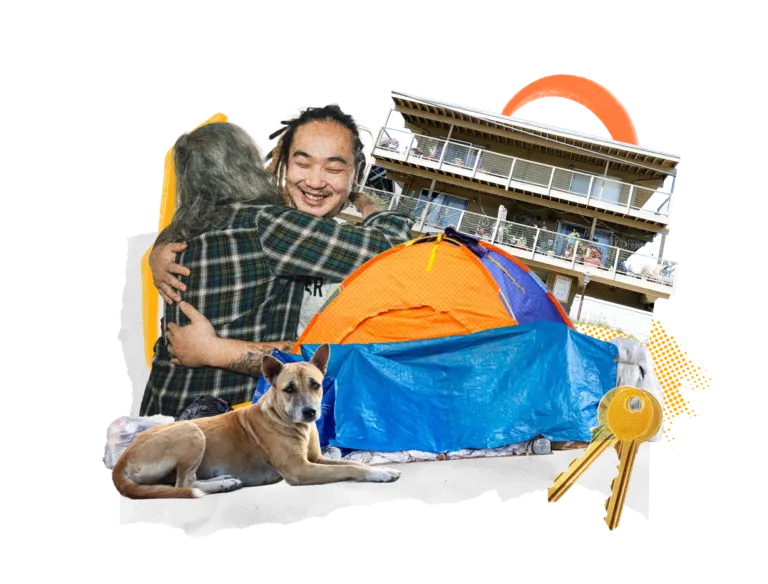 A collage that consists of a young man with dreadlocks embracing a person with long gray hair wearing a plaid shirt surrounded by a dog laying down, a blue tent, a set of gold keys and an apartment complex in the background