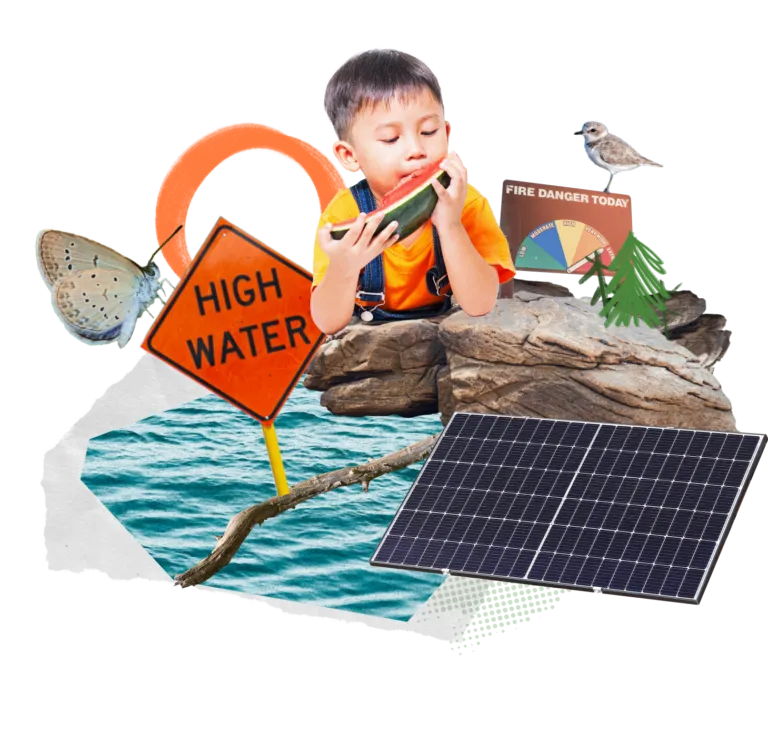 A collage that consists of water and rocks, insects, birds, solar panels, a fire danger warning sign and a young boy in overalls eating a large slice of watermelon