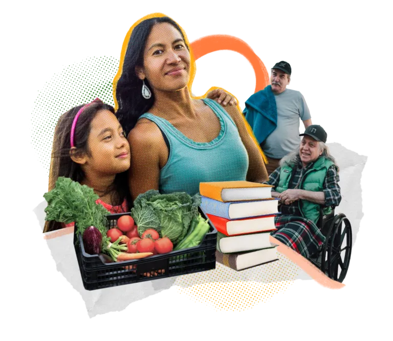 A collage of a young girl holding onto her mother's shoulder, surrounded by a basket of tomatoes, kale, cabbage and carrots, a stack of books, and two older men, one standing and pushing the other in a wheelchair