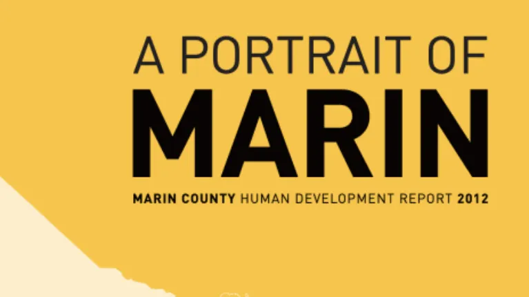 "Un retrato de Marin, Informe de desarrollo humano del condado de Marin 2012" está escrito en negro sobre un fondo dorado.