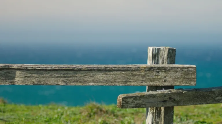 Image of farming fence with ocean in the background