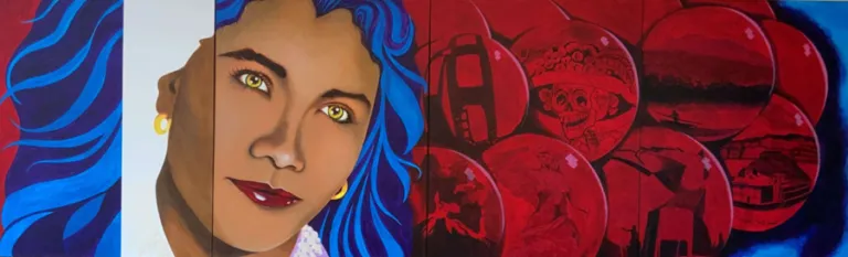 Beautiful painting of a woman with blue hair against circular images of the Bay Area