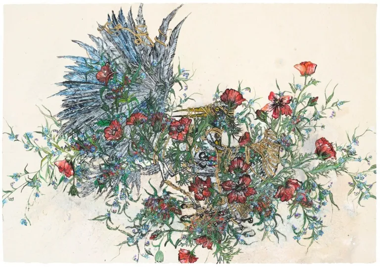 Detailed drawing of a thistle-like plant with red flowers