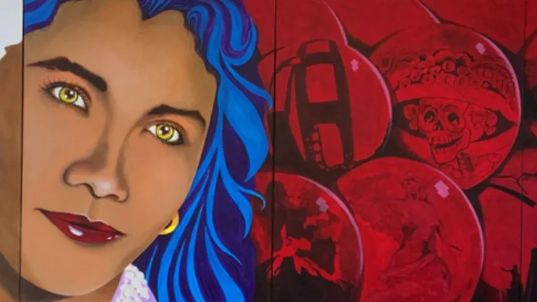 Beautiful painting of a woman with blue hair against circular images of the Bay Area