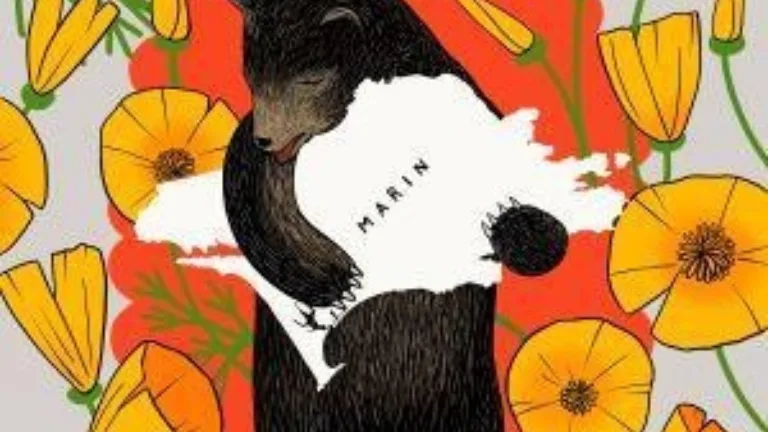 Illustration of a Black bear standing against California poppies, holding a cut out of Marin County