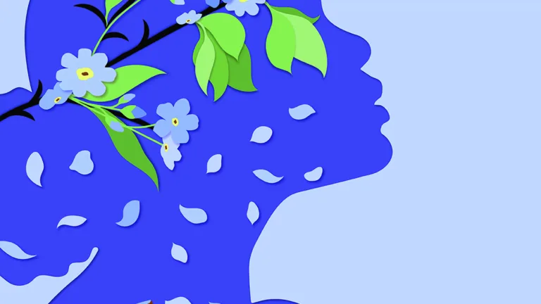 Illustration of a woman's profile all blue with flowers and petals flowing down into a burnt orange hand