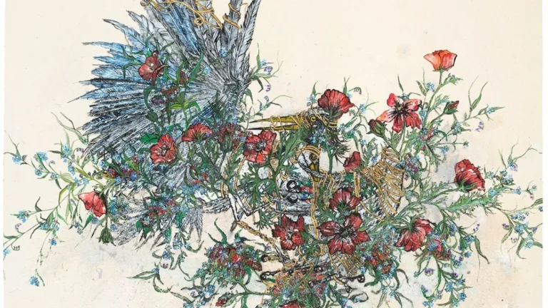Detailed drawing of a thistle-like plant with red flowers