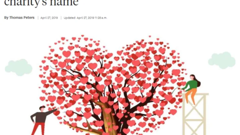 Illustrated cover of the San Francisco Chronicle magazine of four people tending to a heart-shaped tree with leaves shaped like hearts