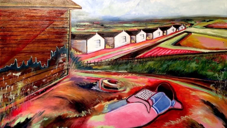 Beautiful painting of a woman napping on the ground in a colorful field