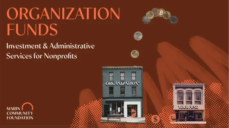 image of Org Funds Brochure cover w/ 2 buildings and coin coming out of the bldg on the left