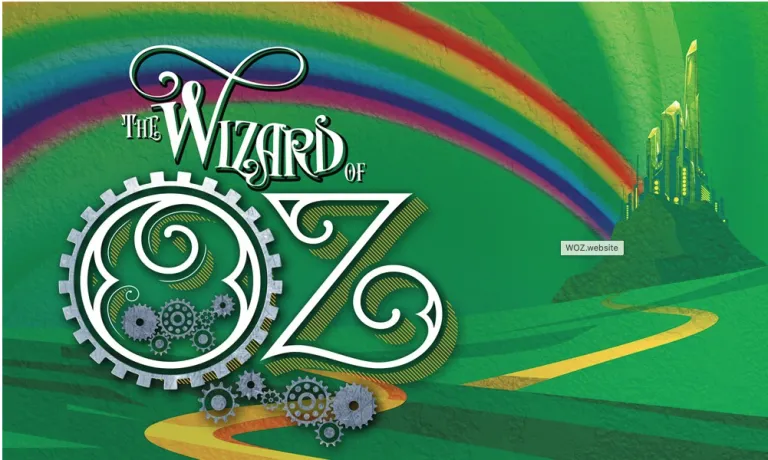 The Wizard of Oz with rainbow in the background, yellow brick road, castle at the end of it.