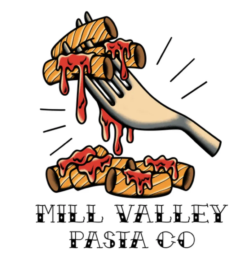 Imge of fork with pasta and Mill Valley Pasta Co text underneath