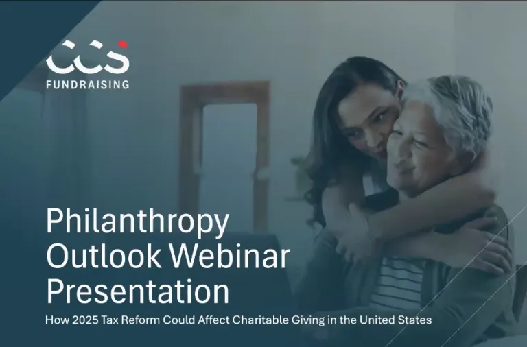 Image of girl hugging an older woman w/ CCS Fundraising logo on top left and Philanthropy Outlook Webinar Presentation text, on the left hand side