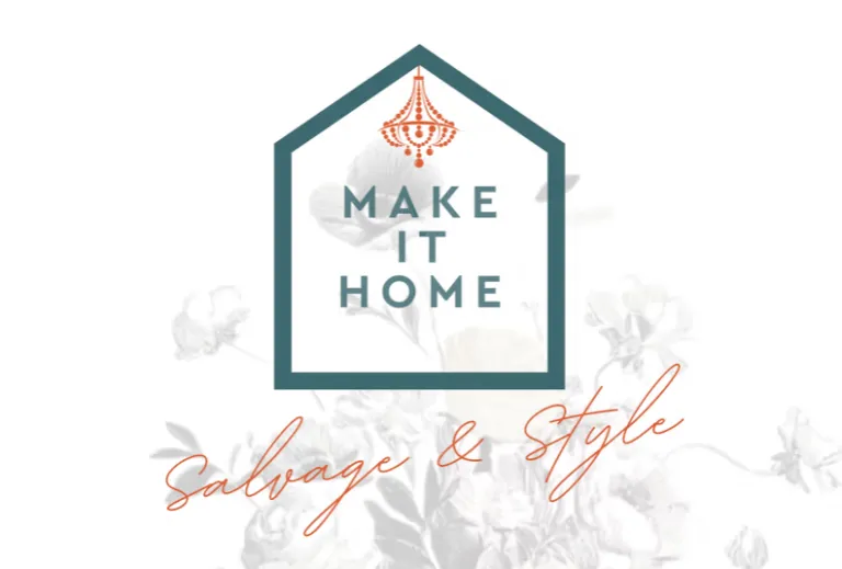 Image of house icon with "make it home" text and chandelier on top of it. Salvage & Style text underneath it