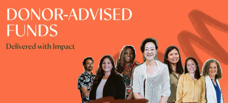 Image of MCF Staff on orange background, with text, "Donor-Advised Funds, delivered w/ Impact