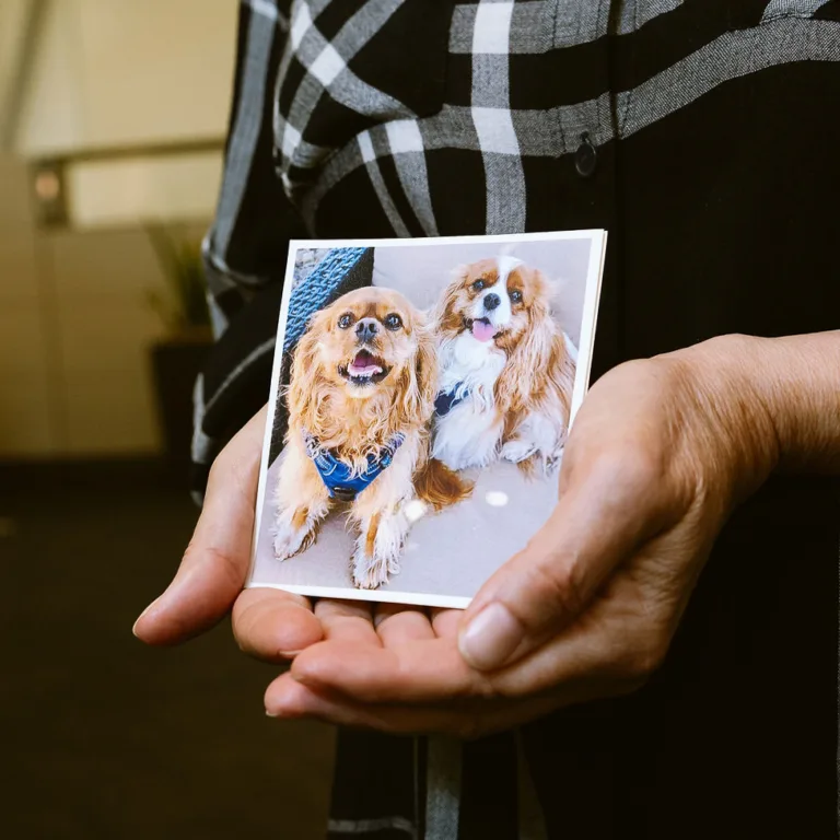 Mary DiCarlo holding picture of dogs