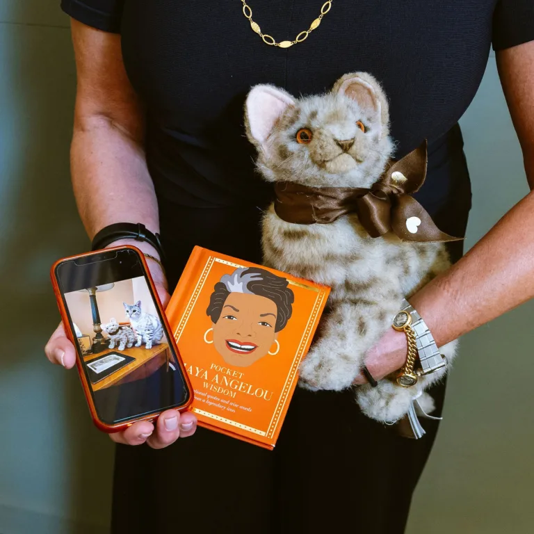 Person holding a plush cat toy, a book titled "Pocket Maya Angelou Wisdom," and a smartphone.