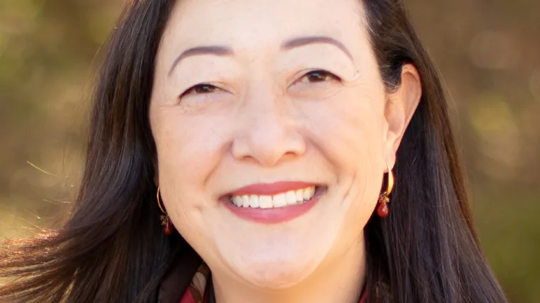 Headshot of Rhea Suh wearing a grey jacket, red blouse, and colorful scarf